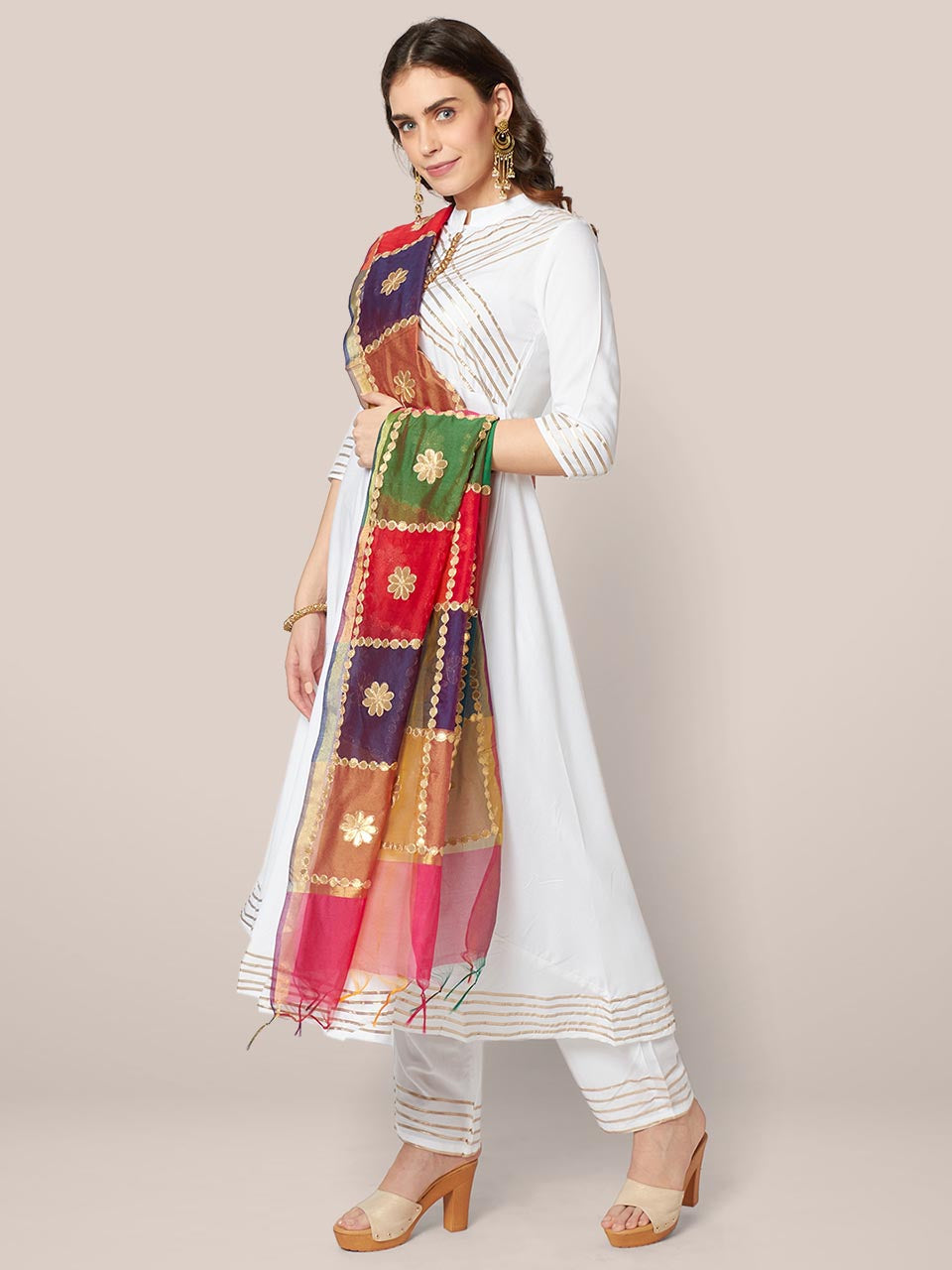 Multicoloured Checkered Silk Blend Dupatta with Gotta Patti Work freeshipping - Dupatta Bazaar