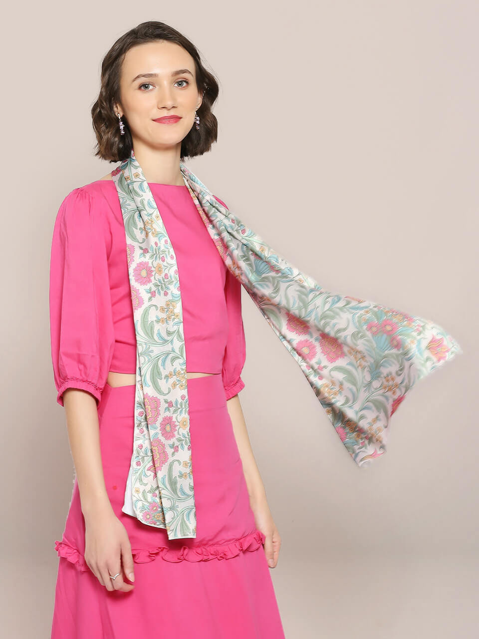 Light Gold & Multicolor Printed Satin Scarf