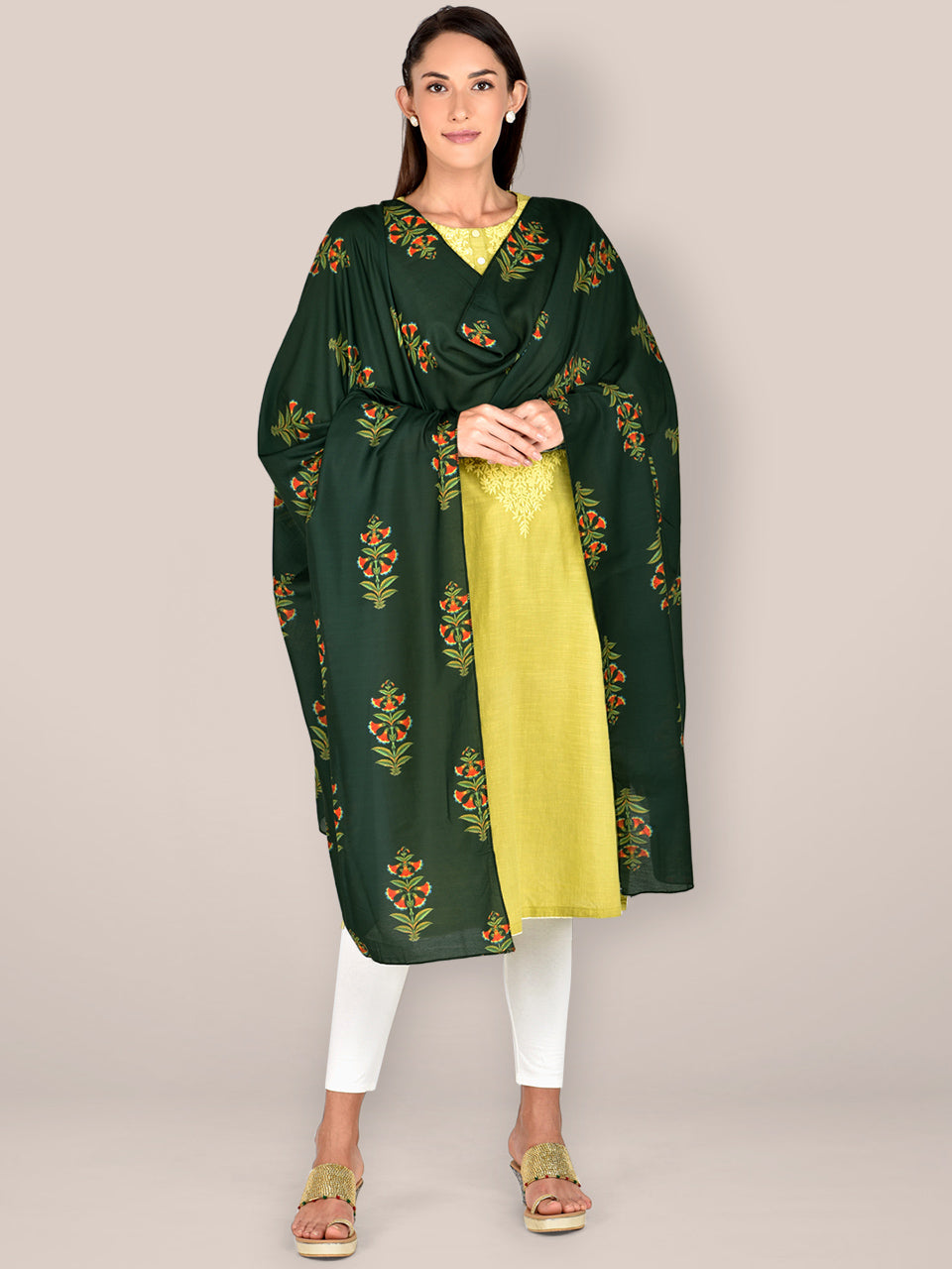 Printed Dark Green & Multicoloured Silk Dupatta freeshipping - Dupatta Bazaar