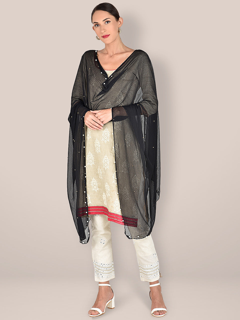 Black Chiffon Dupatta with Pearls & Beads freeshipping - Dupatta Bazaar