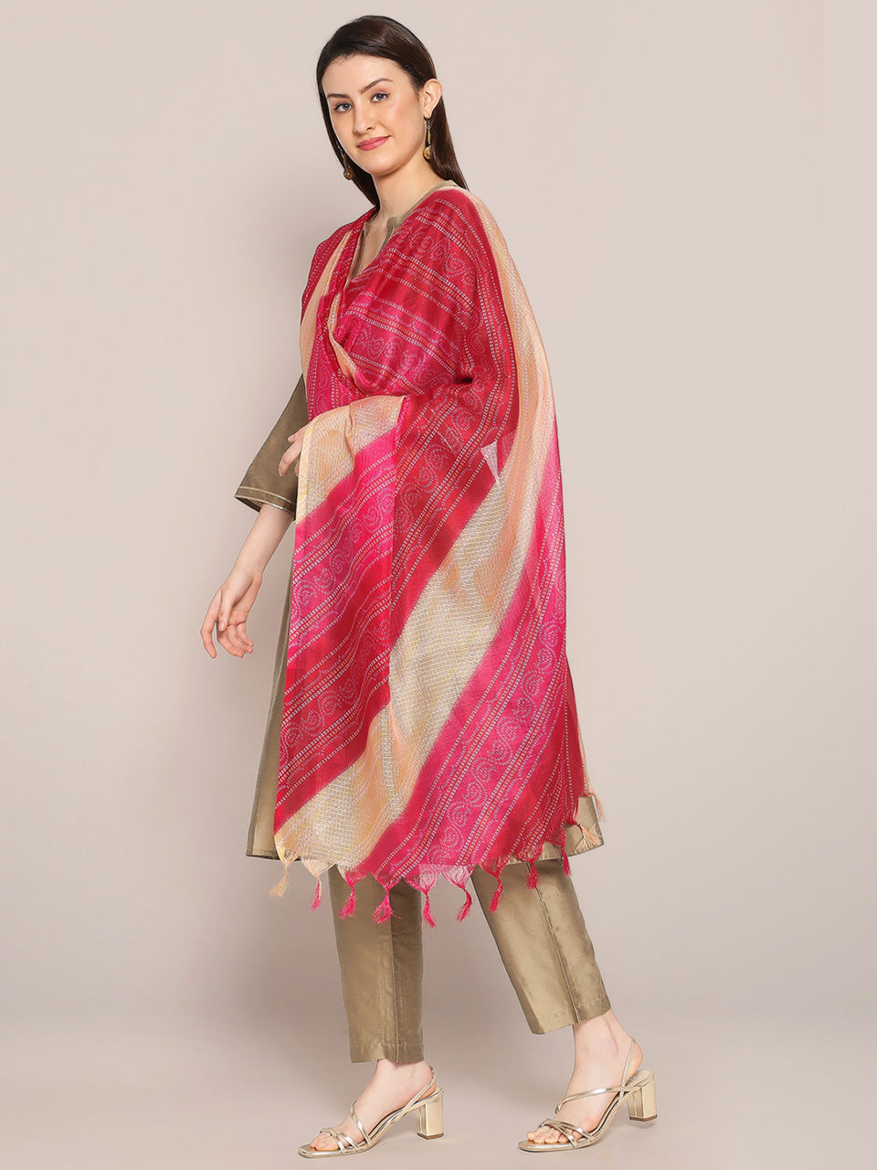 Digital Printed Pink & Beige Bandhini Kota Doria Dupatta freeshipping - Dupatta Bazaar