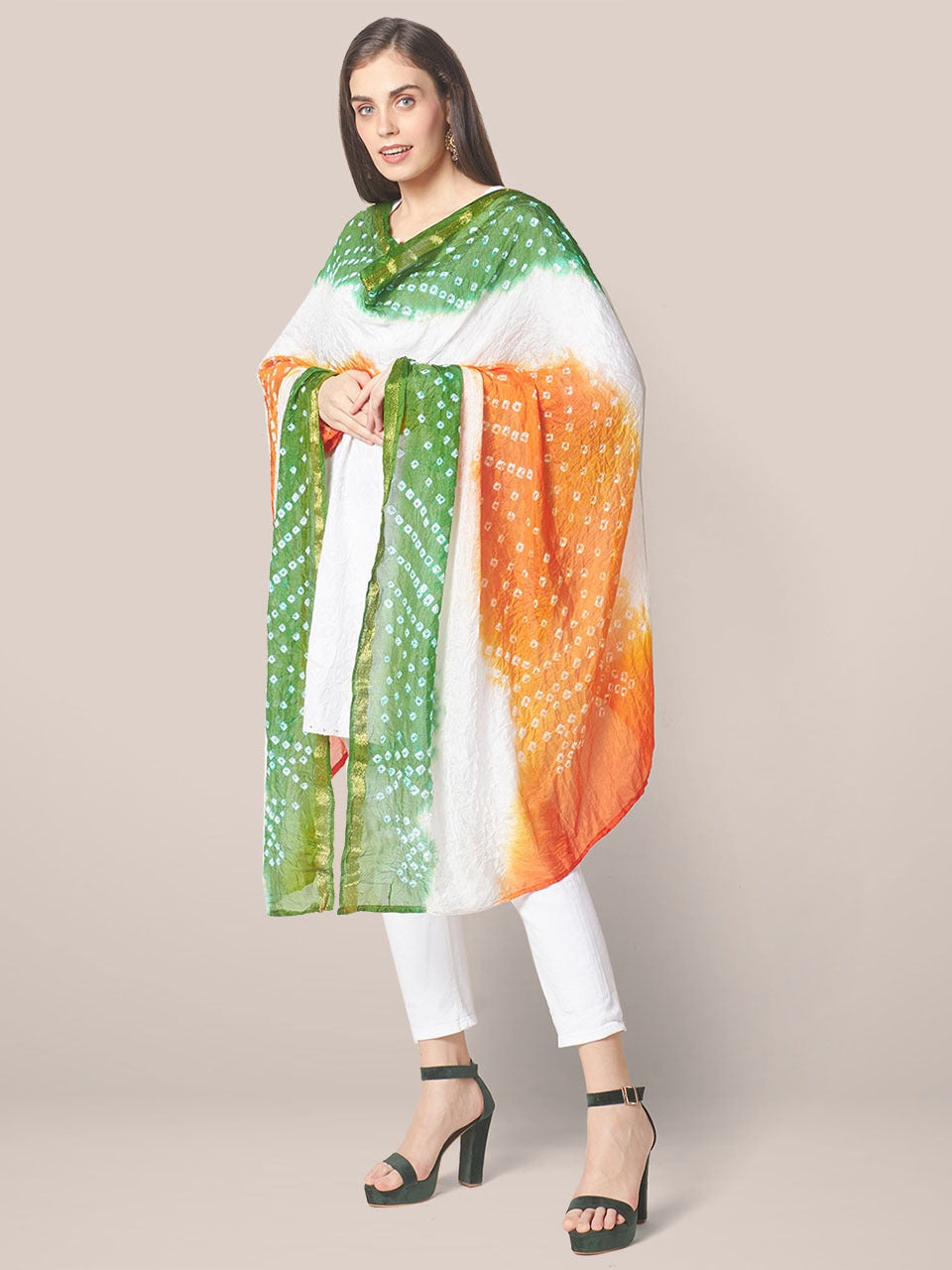 Tri Colour Tiranga Bandhini Silk Dupatta Stole 2meters(Independence Day/Republic Day) freeshipping - Dupatta Bazaar