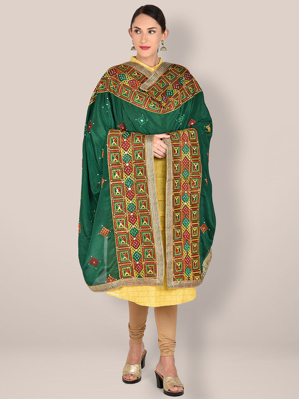 Phulkari Green & Multicoloured Pure Chinon Dupatta freeshipping - Dupatta Bazaar