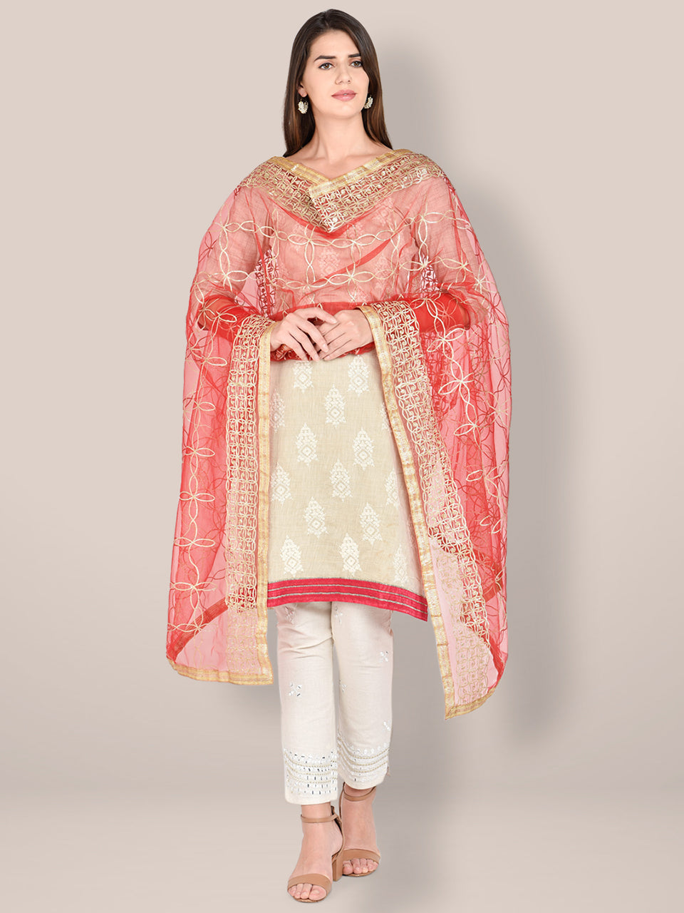 Red Net Dupatta with Gotta Patti Work. freeshipping - Dupatta Bazaar