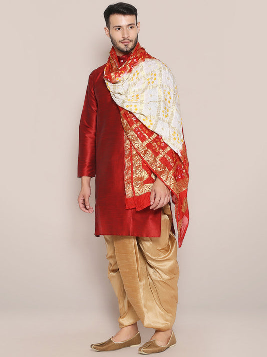 Men's White & Red Banarasi Bandhani Gharchola Silk freeshipping - Dupatta Bazaar