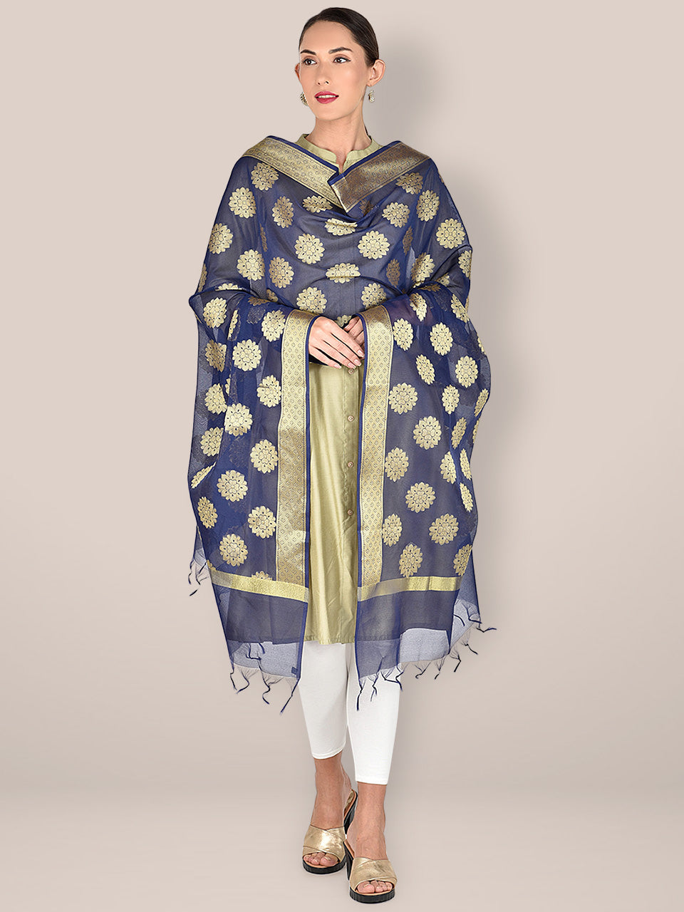 Navy Blue Banarasi Silk Dupatta. freeshipping - Dupatta Bazaar