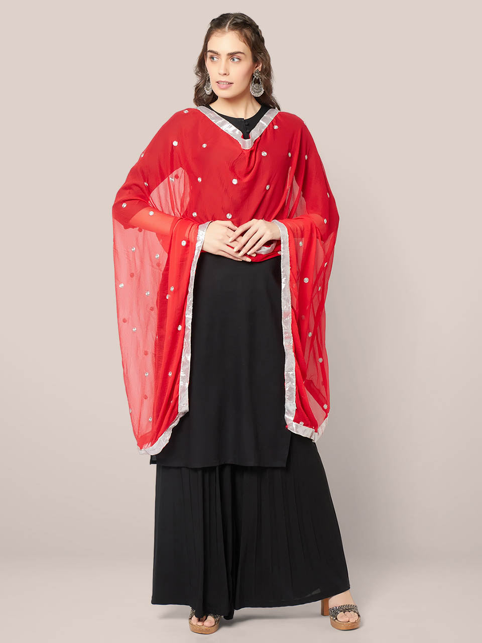 Red Chiffon Dupatta with Silver Embroidery freeshipping - Dupatta Bazaar