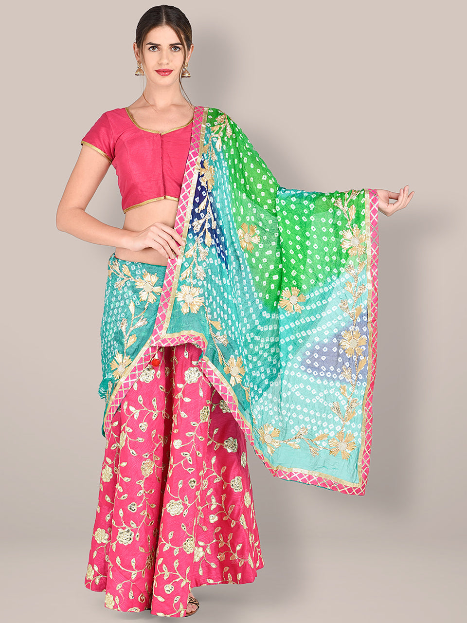 Multicolor Bandhini Dupatta with Gotta Patti Work. freeshipping - Dupatta Bazaar