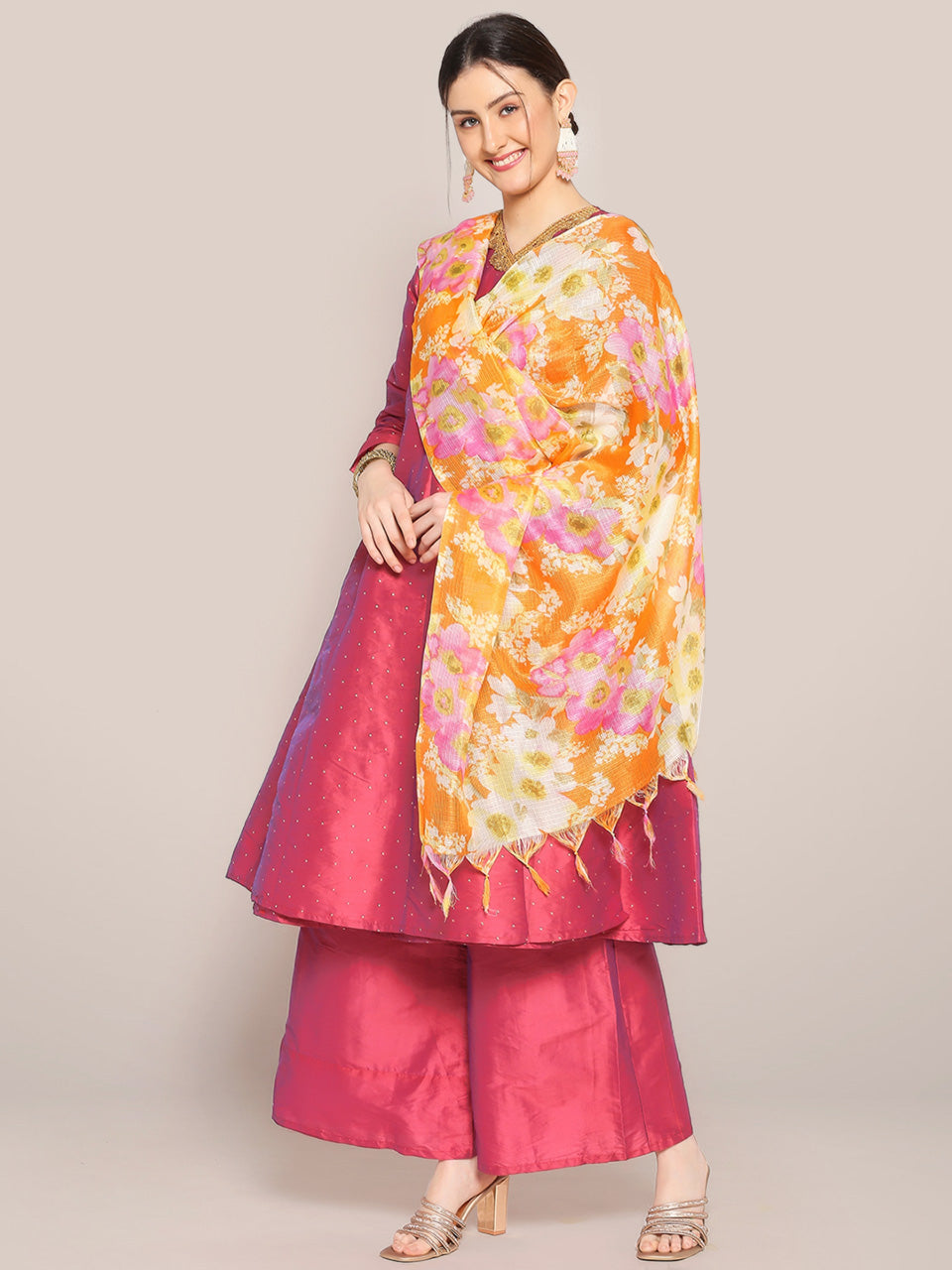 Digital Printed Floral Orange & Pink Kota Doria Dupatta freeshipping - Dupatta Bazaar