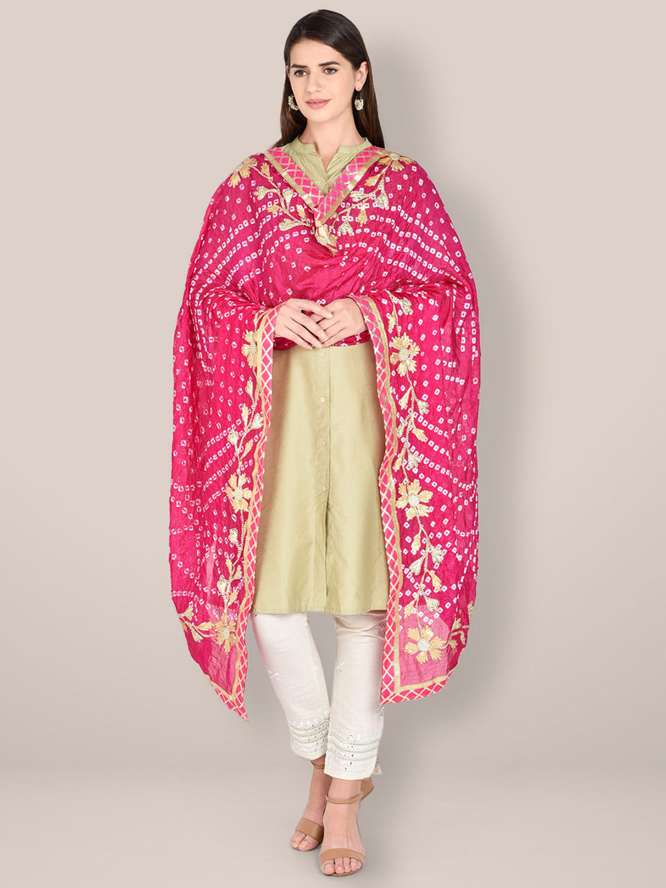 Rani Pink Bandhini Dupatta with Gotta Patti Work. freeshipping - Dupatta Bazaar