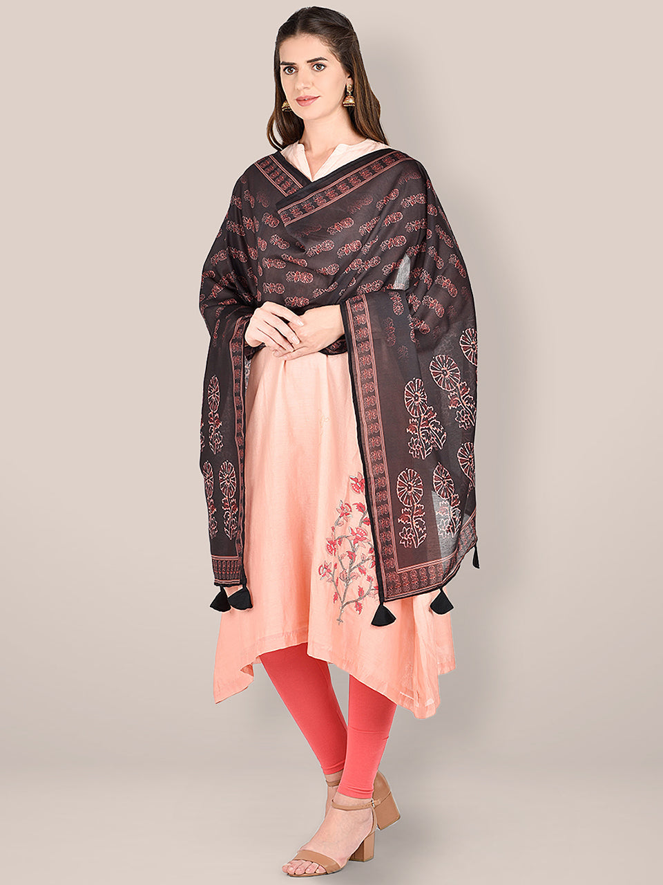 Black & Maroon Kalamkari Printed Blended Silk Dupatta. freeshipping - Dupatta Bazaar