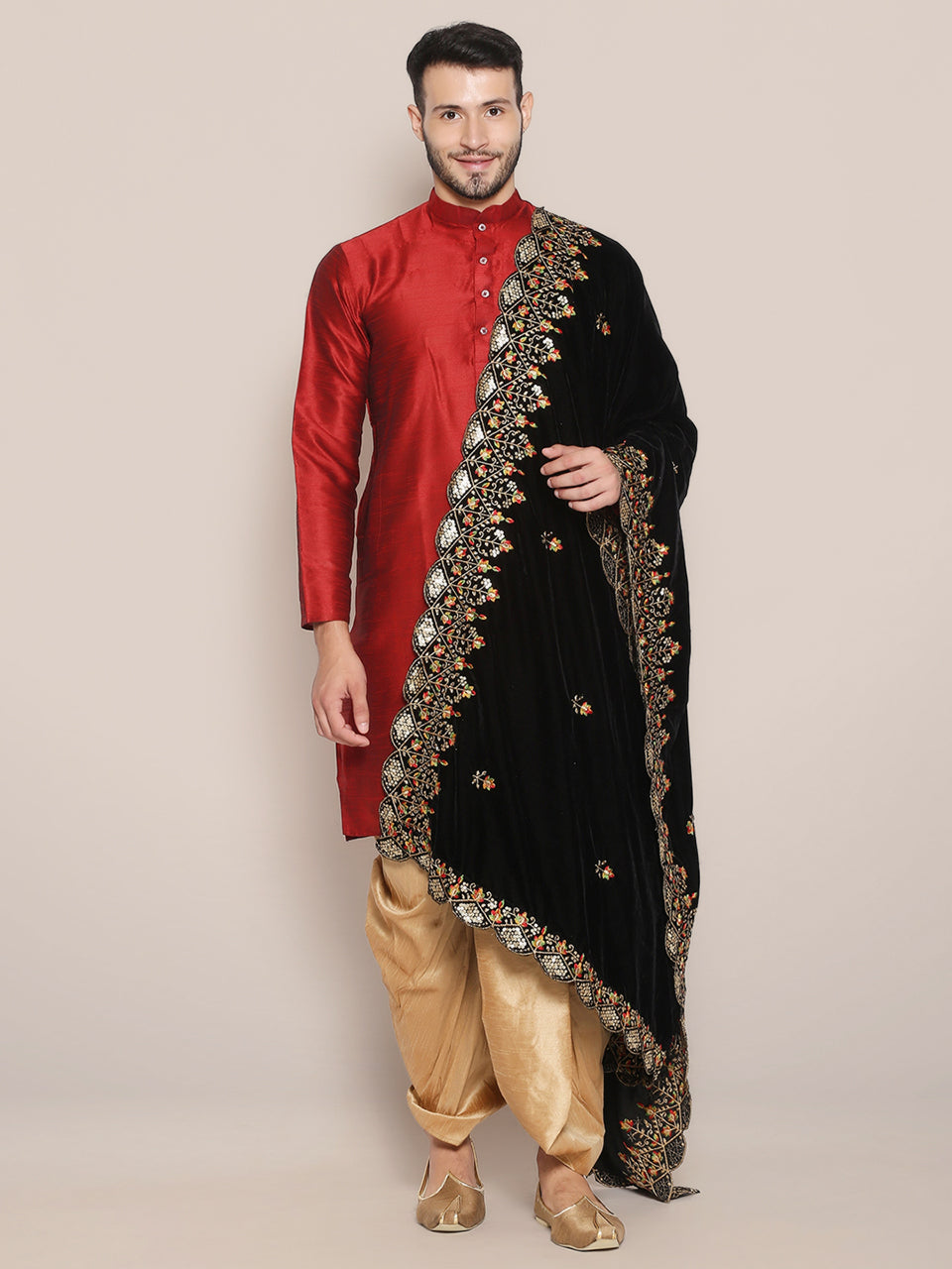 Men's Black Velvet Dupatta with Multicolour Embroidery freeshipping - Dupatta Bazaar