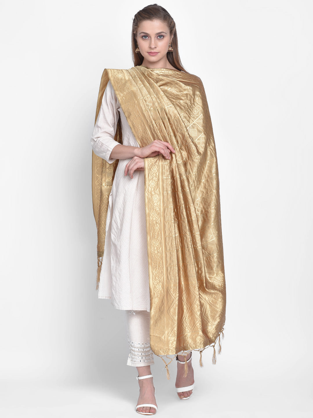 Dupatta Bazaar Woman's Gold Banarasi Silk Dupatta with Bhandej design. - Dupatta Bazaar