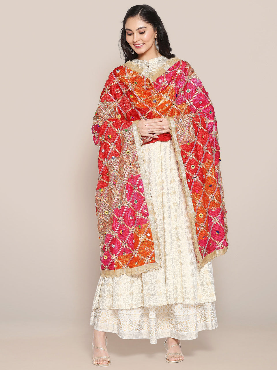 Multicoloured Embellished Phulkari Chiffon Dupatta freeshipping - Dupatta Bazaar