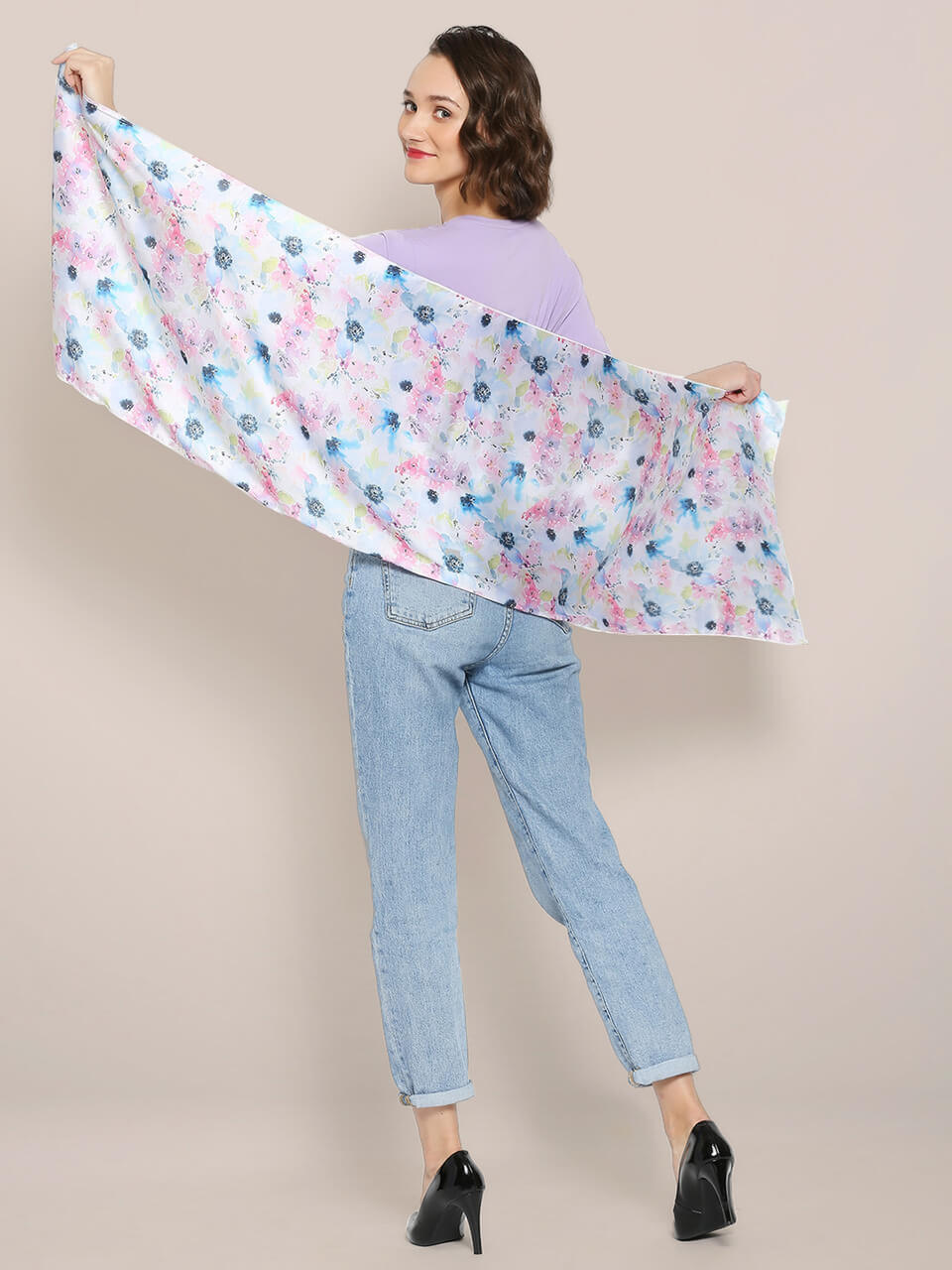 Blue & Multicolor Printed Satin Scarf 