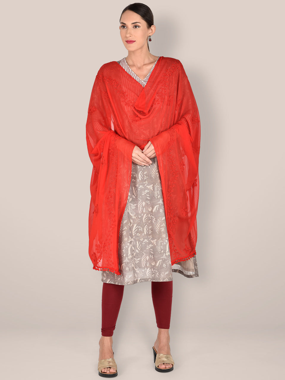 Red Embroidered Chiffon Dupatta. freeshipping - Dupatta Bazaar