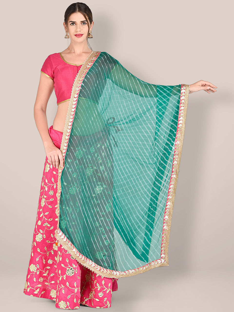 Green Leharia Chiffon Dupatta with Gotta Patti Border freeshipping - Dupatta Bazaar