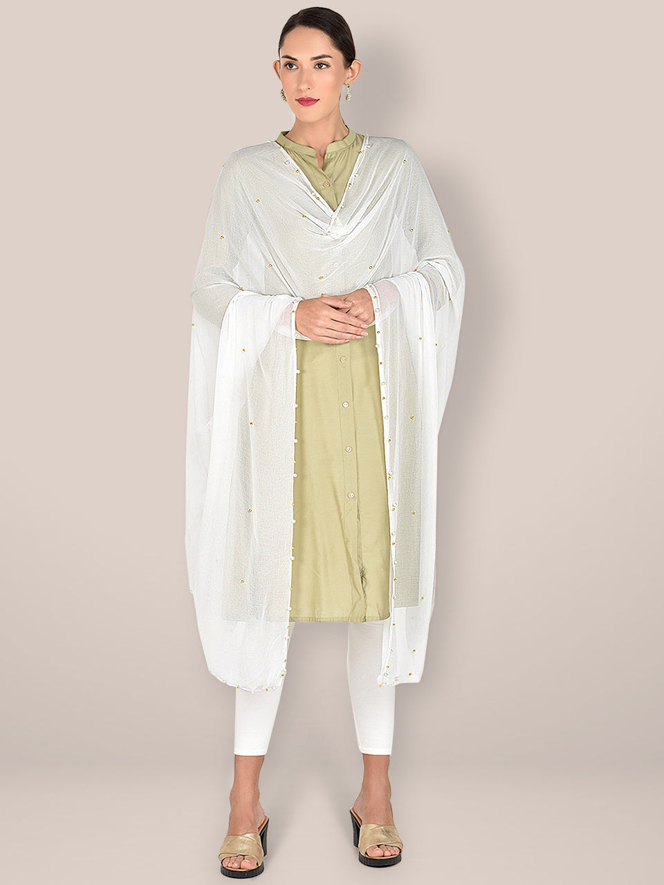 Offf White Chiffon Dupatta  with Pearls & Beads freeshipping - Dupatta Bazaar