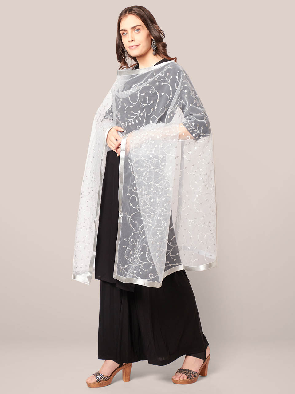 Embroidered Silver Net Dupatta freeshipping - Dupatta Bazaar