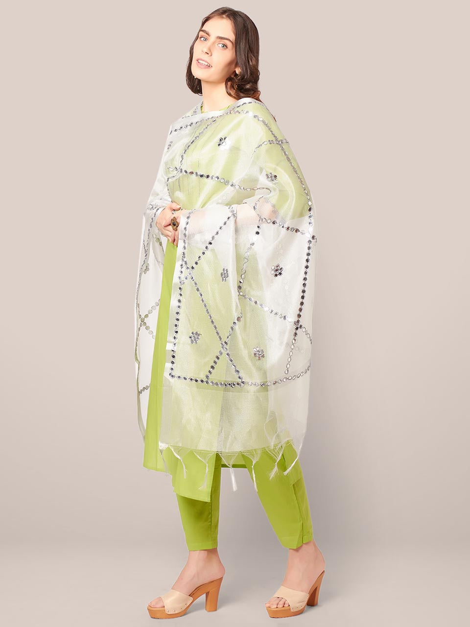 Silver Tissue Silk Dupatta with Mirror Work freeshipping - Dupatta Bazaar