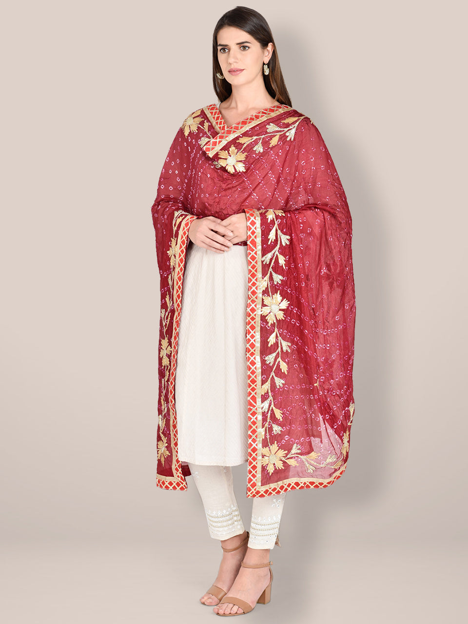 Maroon Bandhini Dupatta with Gotta Patti Work. freeshipping - Dupatta Bazaar