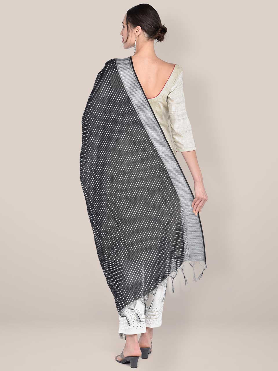 Woven Black & White Cotton Chanderi Dupatta freeshipping - Dupatta Bazaar