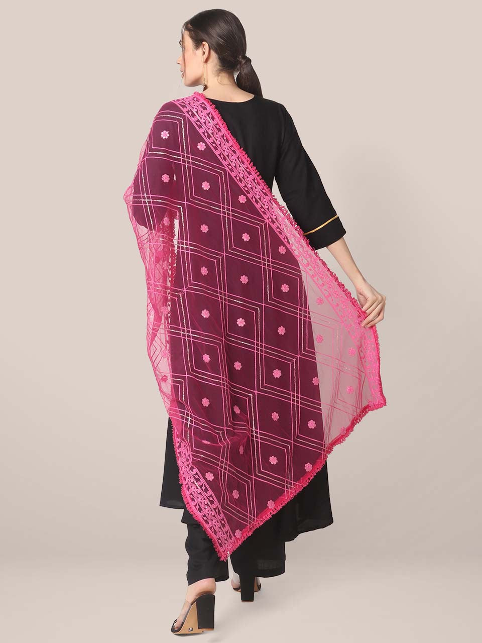 Rani Pink Embroidered Net Dupatta with Sequins Work. freeshipping - Dupatta Bazaar