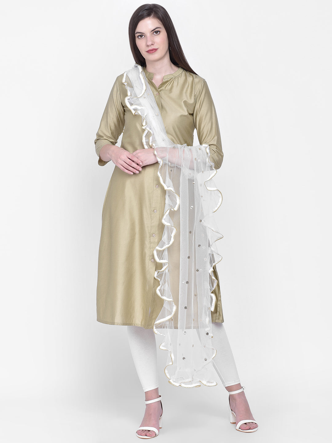 Dupatta Bazaar Woman's White & Gold Organza Dupatta with Ruffles - Dupatta Bazaar