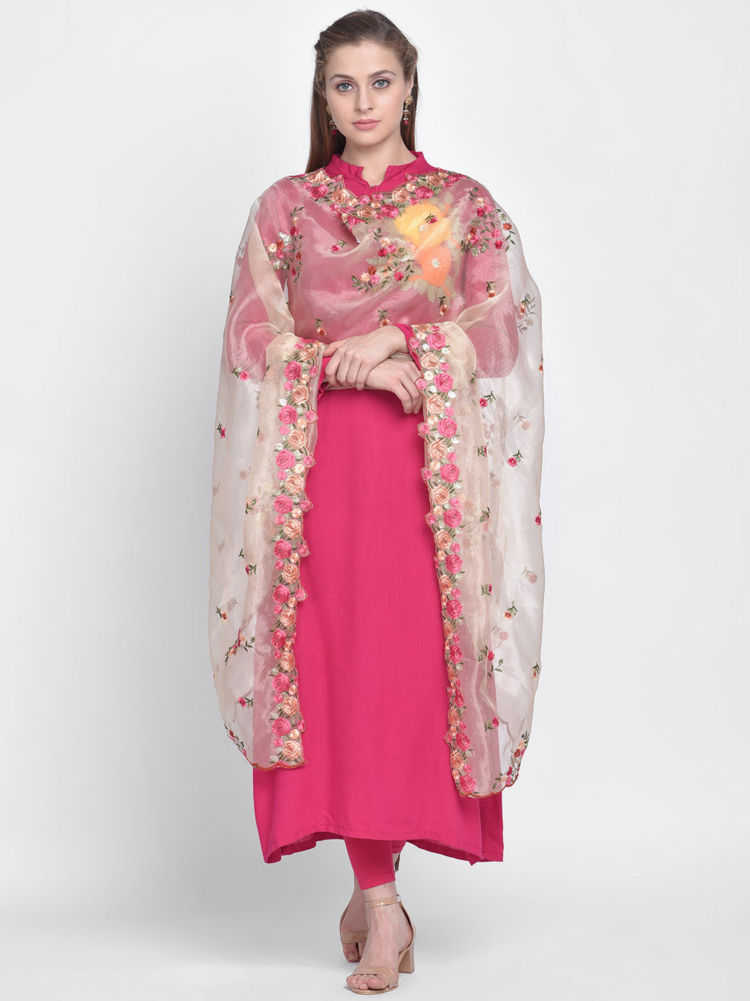 Dupatta Bazaar Woman's Golden Organza Dupatta with Multicolor Floral Embroidery - Dupatta Bazaar