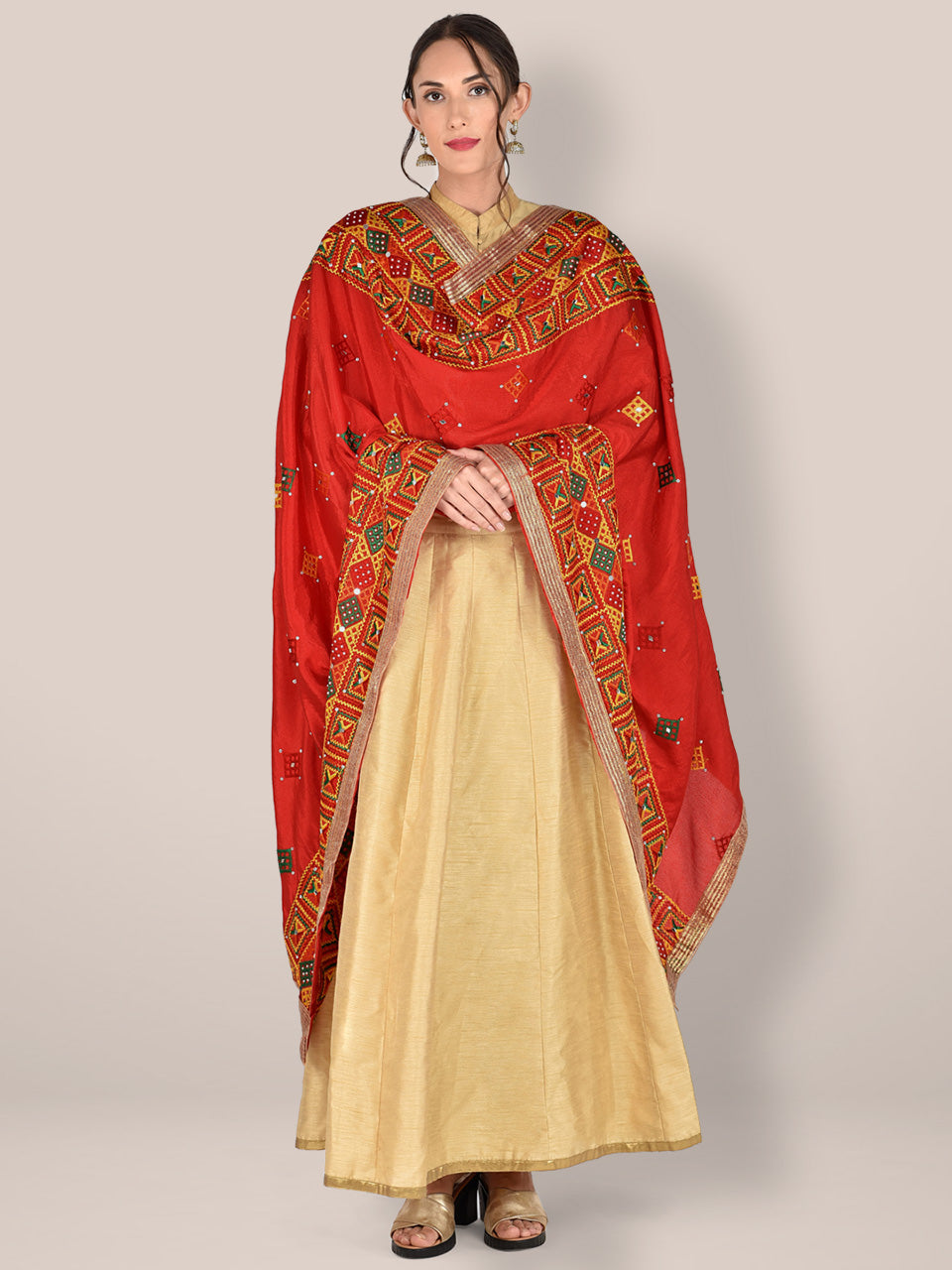 Phulkari Red & Multicoloured Pure Chinon Dupatta freeshipping - Dupatta Bazaar