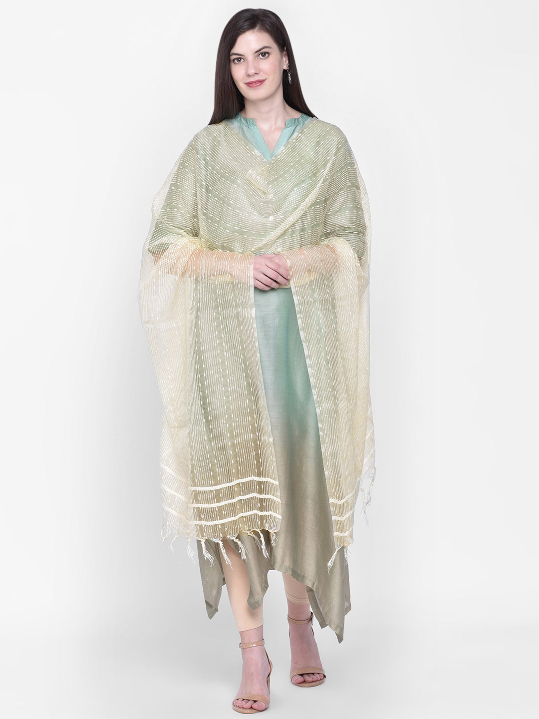Dupatta Bazaar Woman's Light Gold Woven Organza Dupatta - Dupatta Bazaar