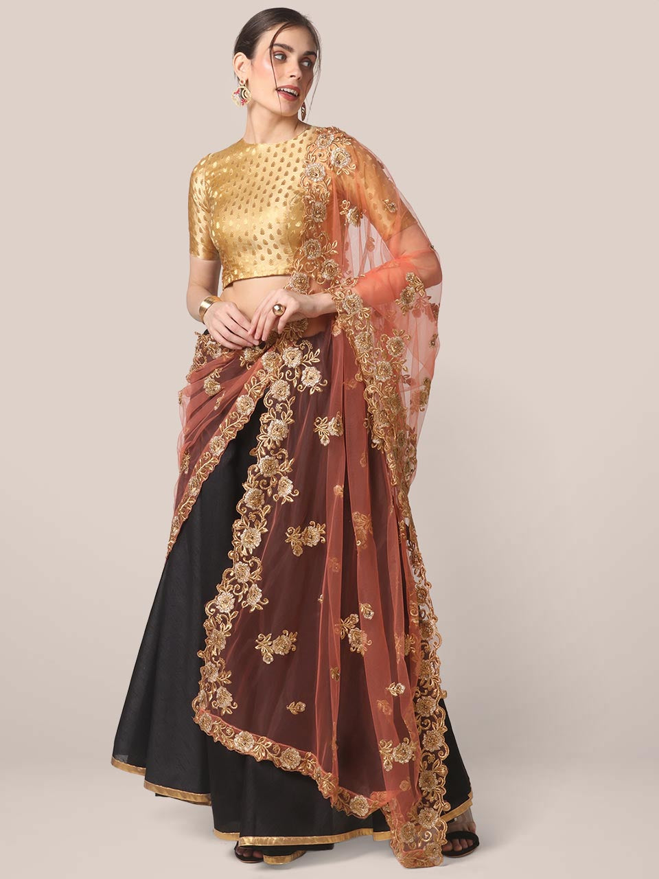 Peach Embroidered Net Dupatta with Cutwork freeshipping - Dupatta Bazaar