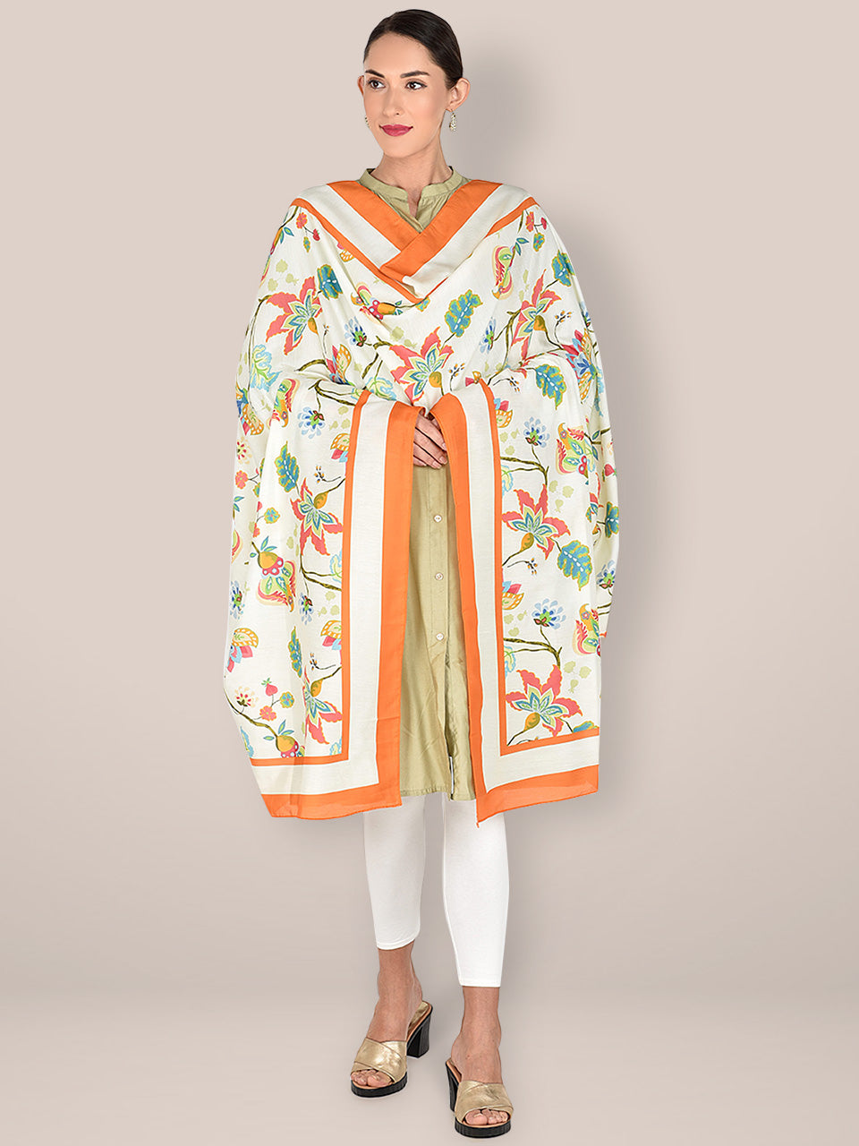 Printed Cream & Multicoloured Silk Dupatta freeshipping - Dupatta Bazaar