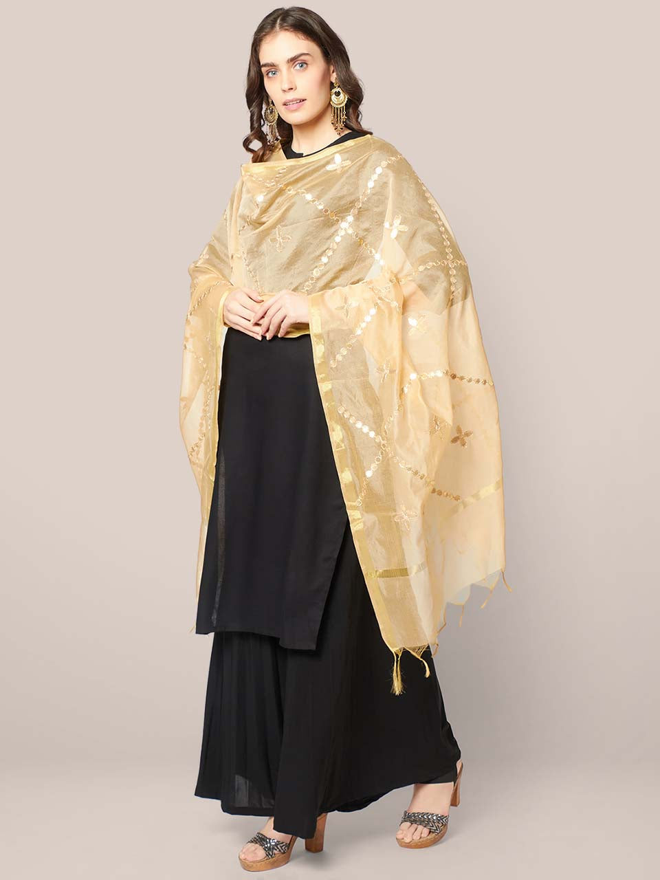 Dupatta Bazaar Woman's Gold Blended Silk Dupatta with Gotta Patti Work freeshipping - Dupatta Bazaar