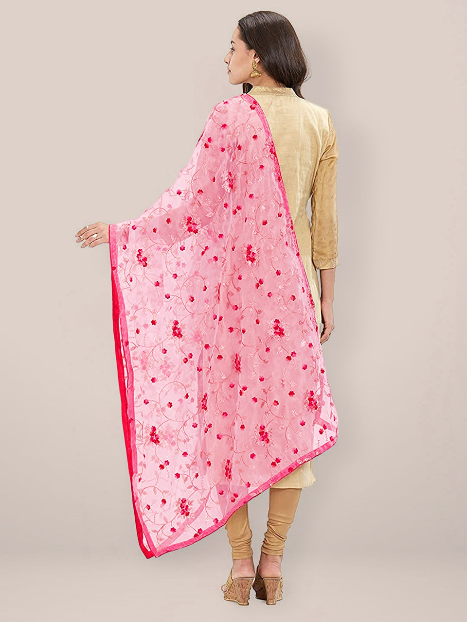 Pink Organza Dupatta with floral Embroidery freeshipping - Dupatta Bazaar