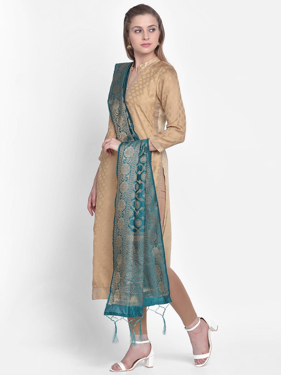 Dupatta Bazaar Woman's Rama Green Banarasi Silk Dupatta with floral design. - Dupatta Bazaar