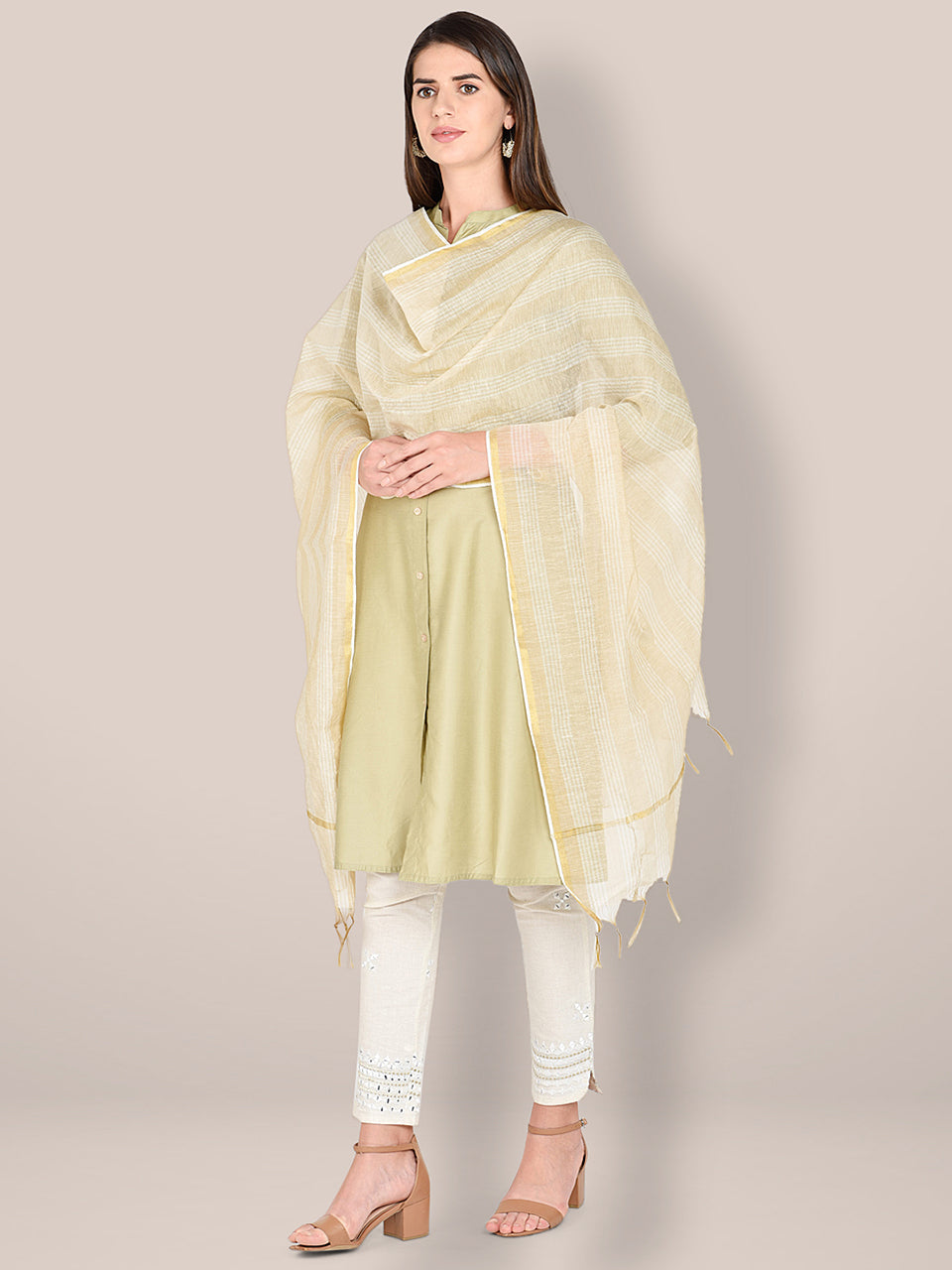 Striped Beige Cotton Dupatta. freeshipping - Dupatta Bazaar