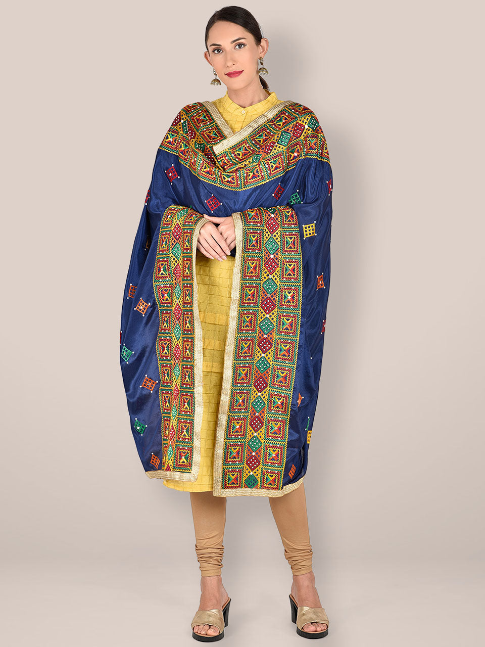 Phulkari Navy Blue & Multicoloured Pure Chinon Dupatta freeshipping - Dupatta Bazaar