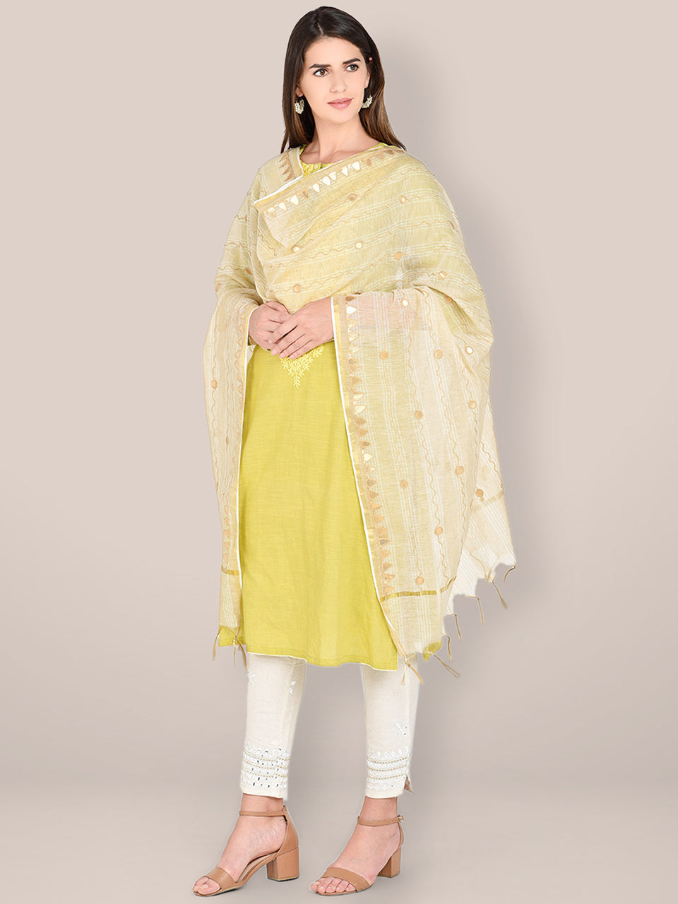 Beige Cotton Dupatta with Gotta Patti Work. freeshipping - Dupatta Bazaar