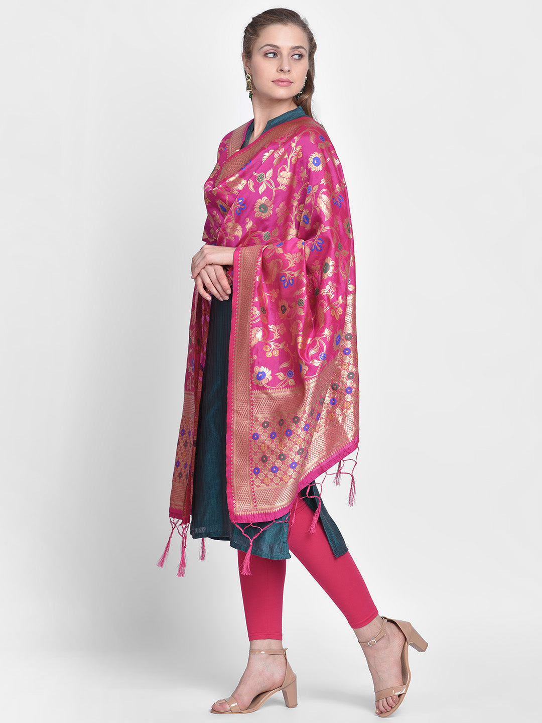 Dupatta Bazaar Woman's Pink Banarasi Silk Dupatta with floral Jaal - Dupatta Bazaar