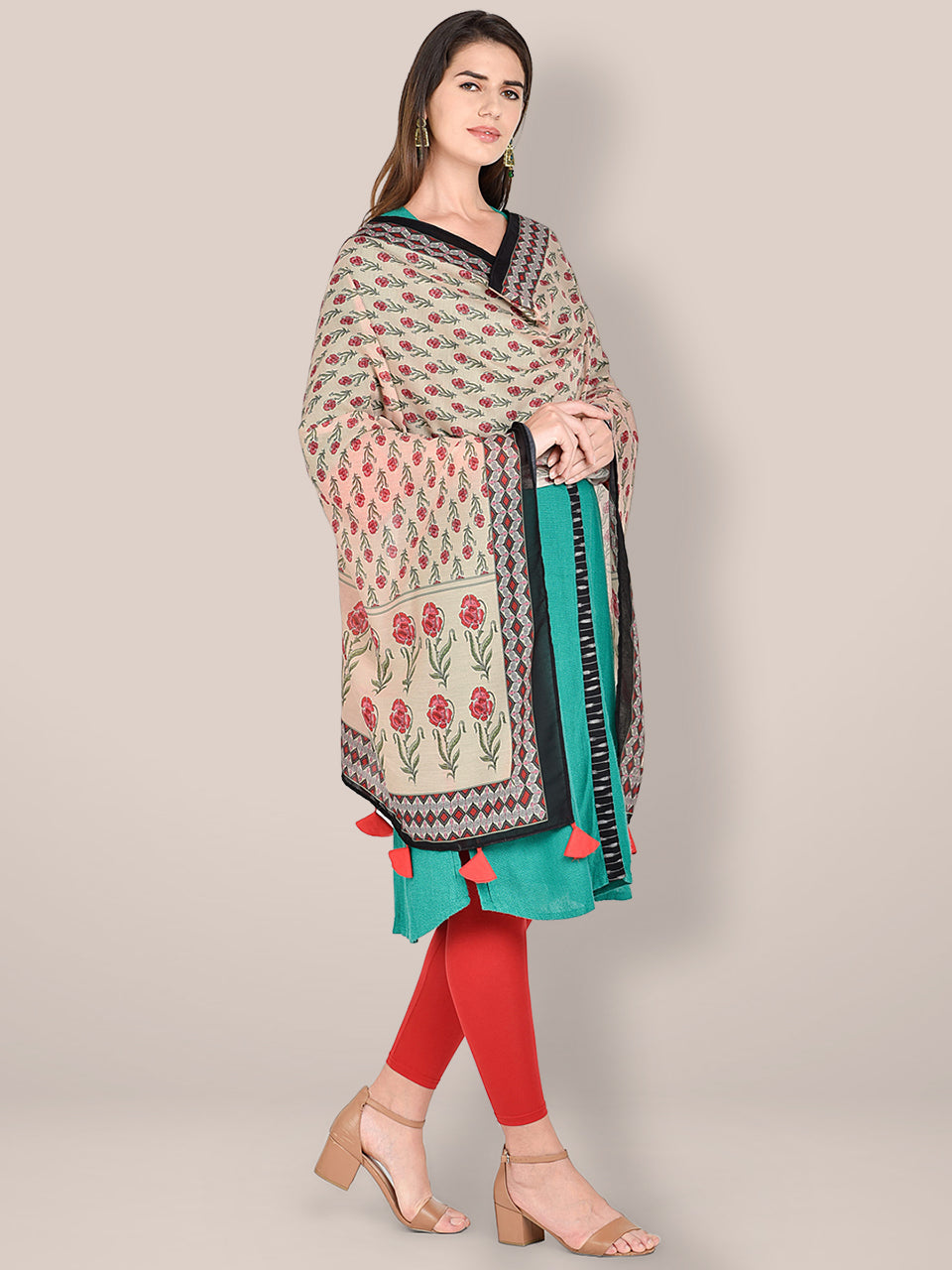 Beige & Pink Floral Printed Blended Silk Dupatta. freeshipping - Dupatta Bazaar