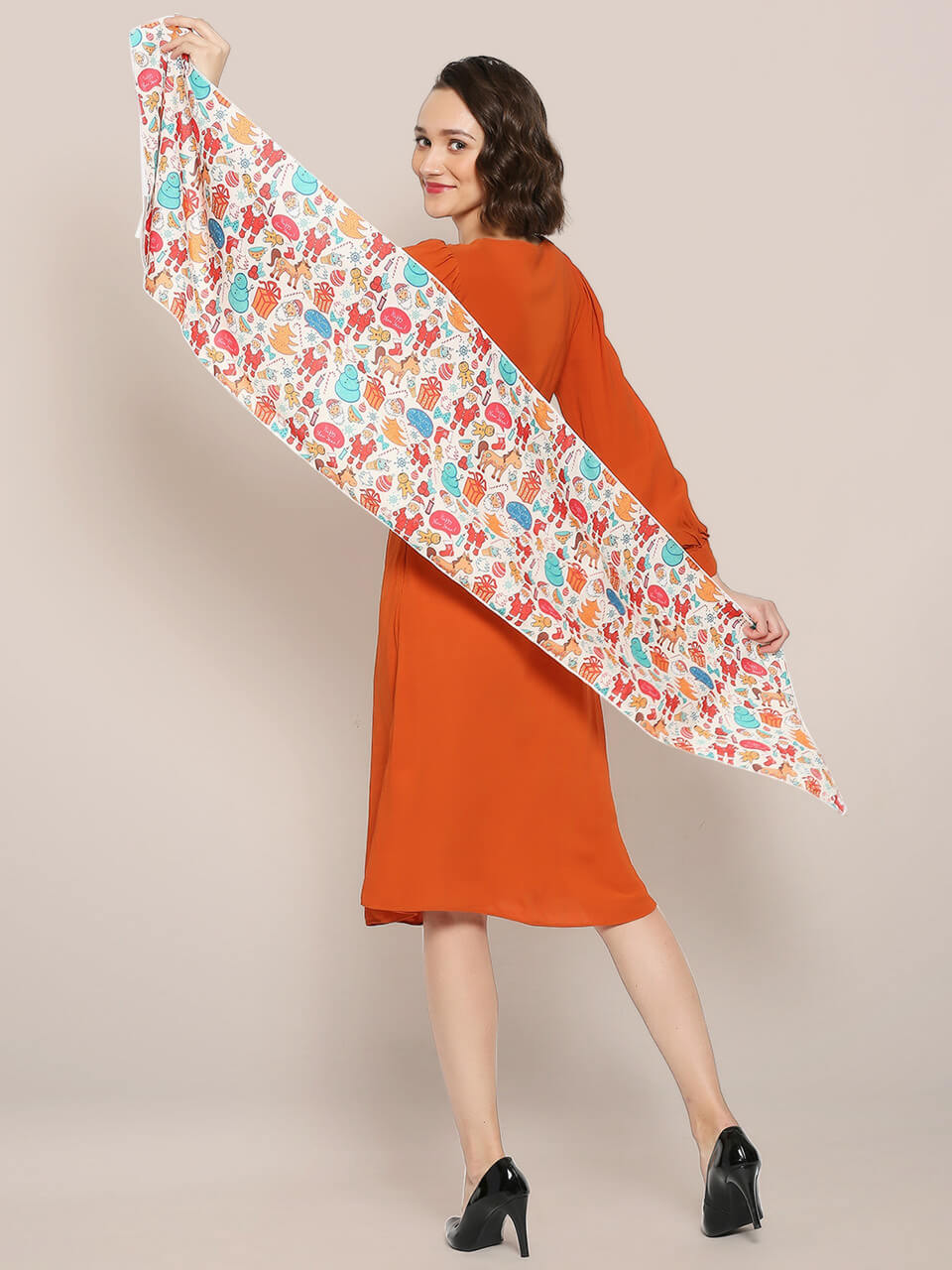 Printed Cream & Multicolor Silk Blend  Scarf/ Stole 