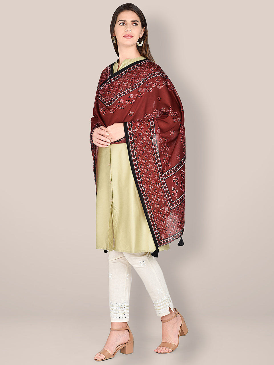 Maroon Kalamkari Printed Blended Silk Dupatta. freeshipping - Dupatta Bazaar