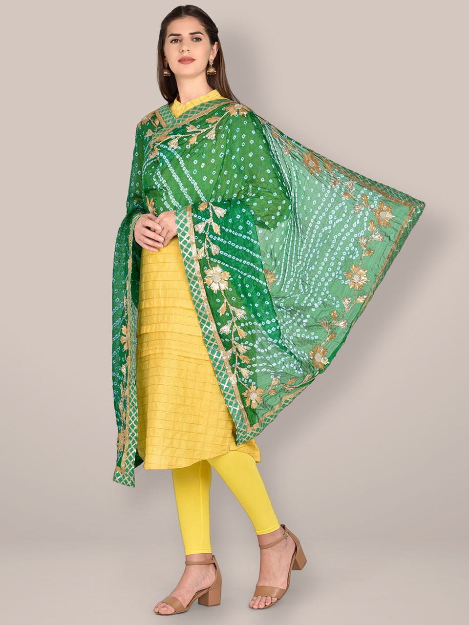 Green Bandhini Dupatta with Gotta Patti Work. freeshipping - Dupatta Bazaar