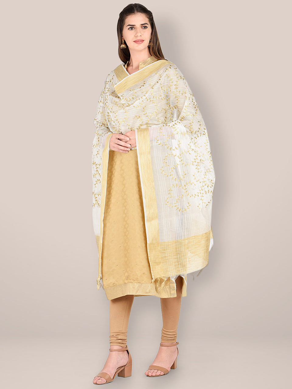 Embroidered White Blended Silk Dupatta. freeshipping - Dupatta Bazaar