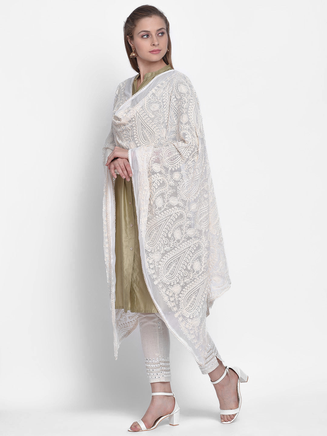 Dupatta Bazaar Woman's Embroidered White Chiffon Dupatta - Dupatta Bazaar