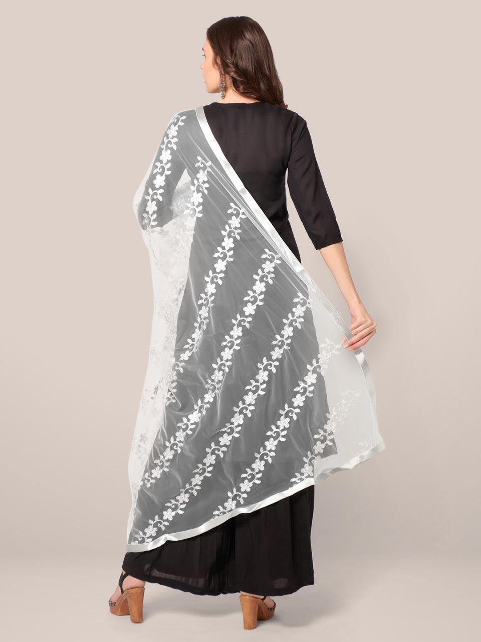 Embroidered Silver Net Dupatta with Satin Border freeshipping - Dupatta Bazaar