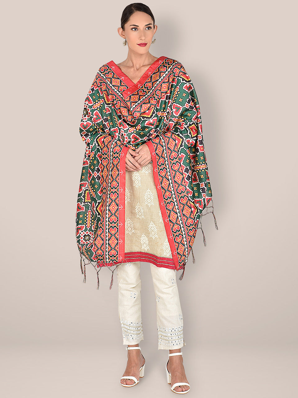 Aztec Printed Green & Red Art Silk Dupatta freeshipping - Dupatta Bazaar