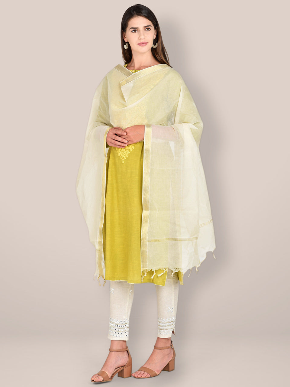 Mangalgiri Cream Cotton Dupatta with Golden border freeshipping - Dupatta Bazaar