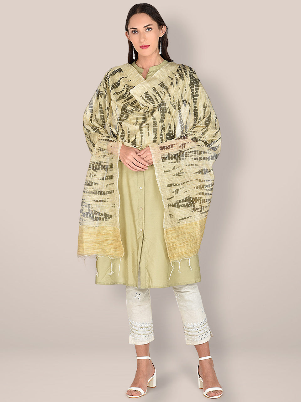 Printed Beige & Black Silk Dupatta. freeshipping - Dupatta Bazaar